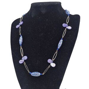 Vintage Station Style Blue & Purple Beaded Necklace With Sterling Silver Accents